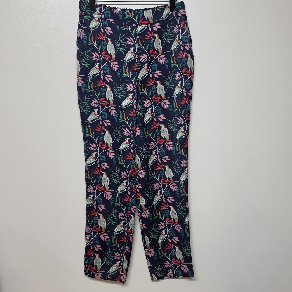 Boden Ludlow Pull On Satin Trousers Womens US 8 Bird Print Cropped Navy - Picture 3 of 11